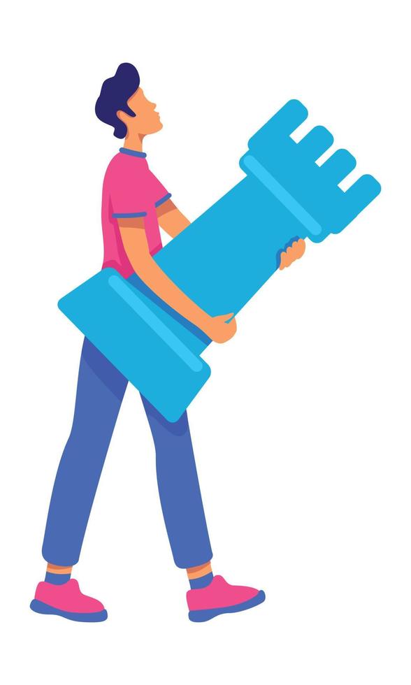 Young man holding rook piece semi flat color vector character