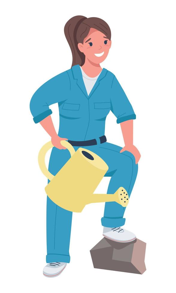 Smiling lady with watering can semi flat color vector character