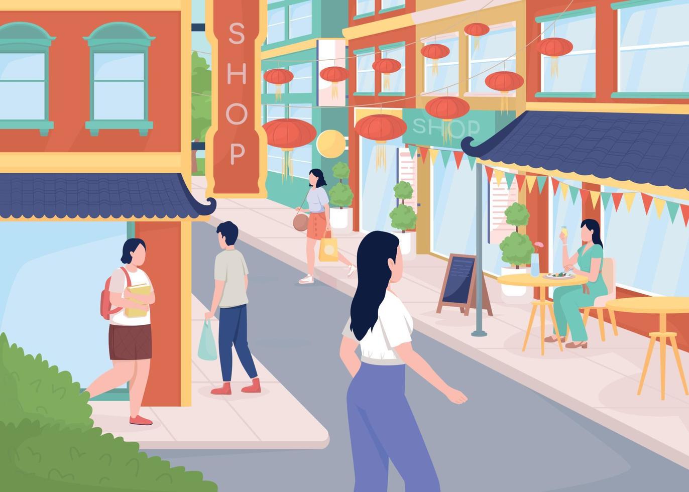 Busy street in Chinatown flat color vector illustration