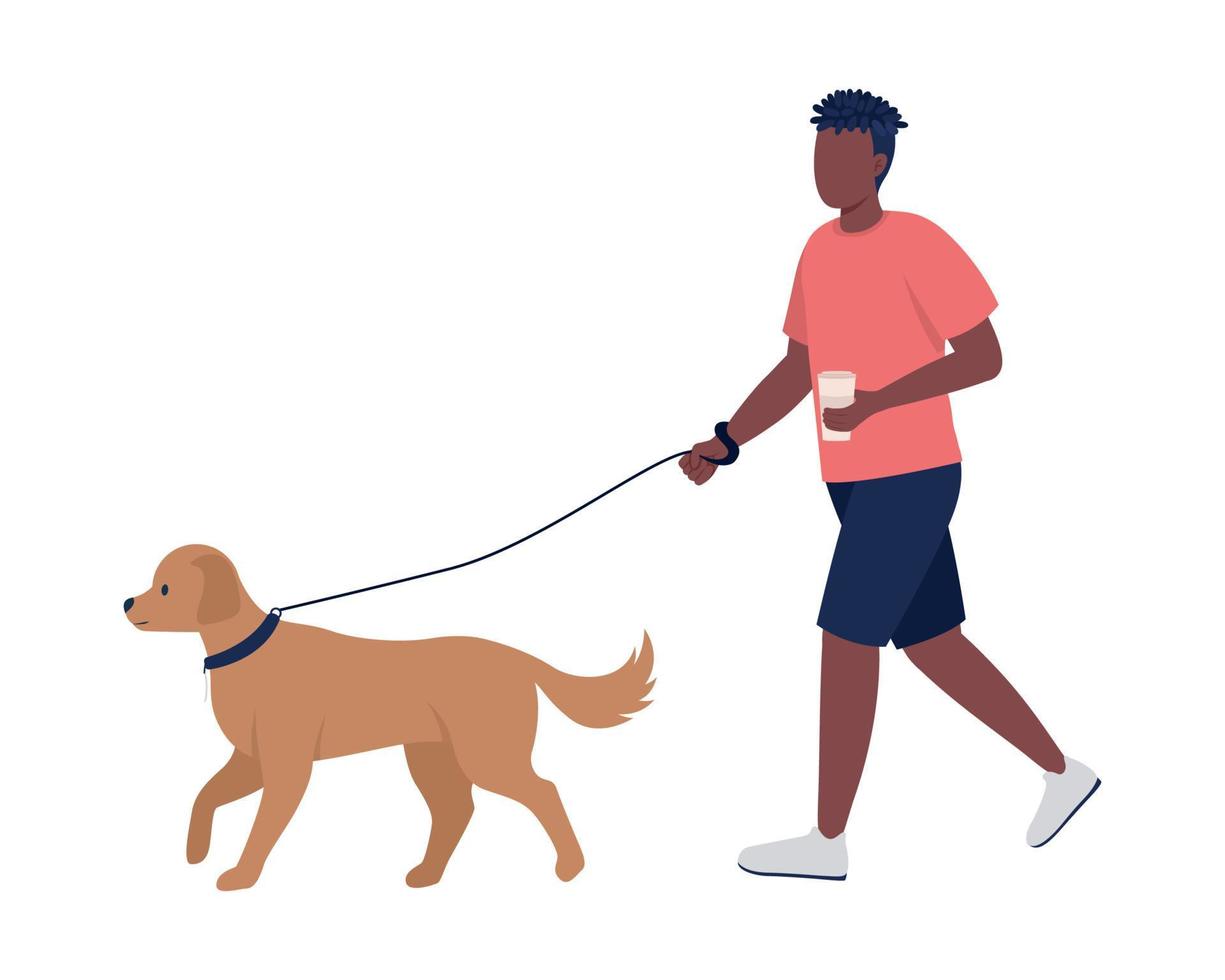 Man walking dog on street semi flat color vector characters