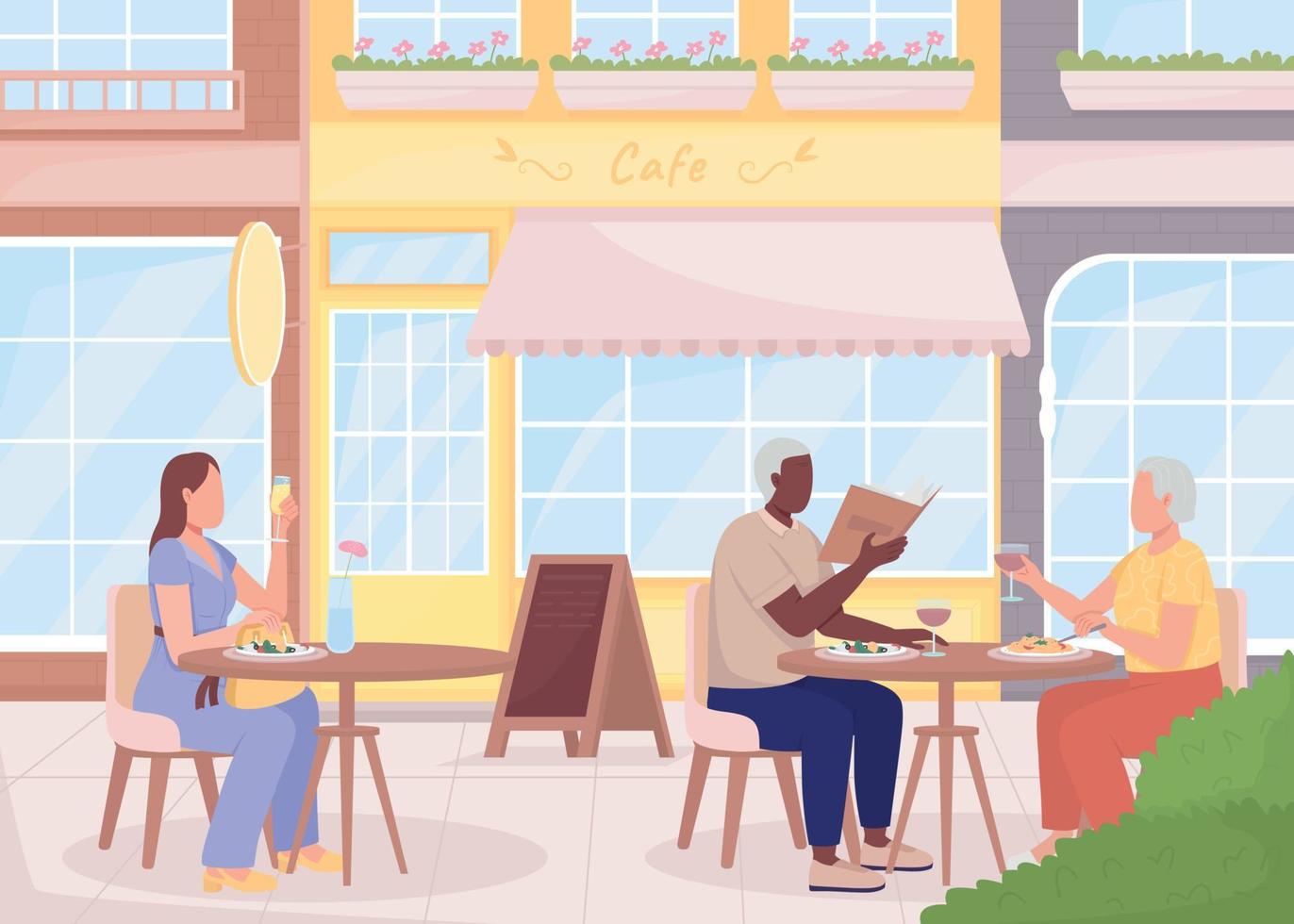 Enjoying drinks and delicious lunch at cafe flat color vector illustration