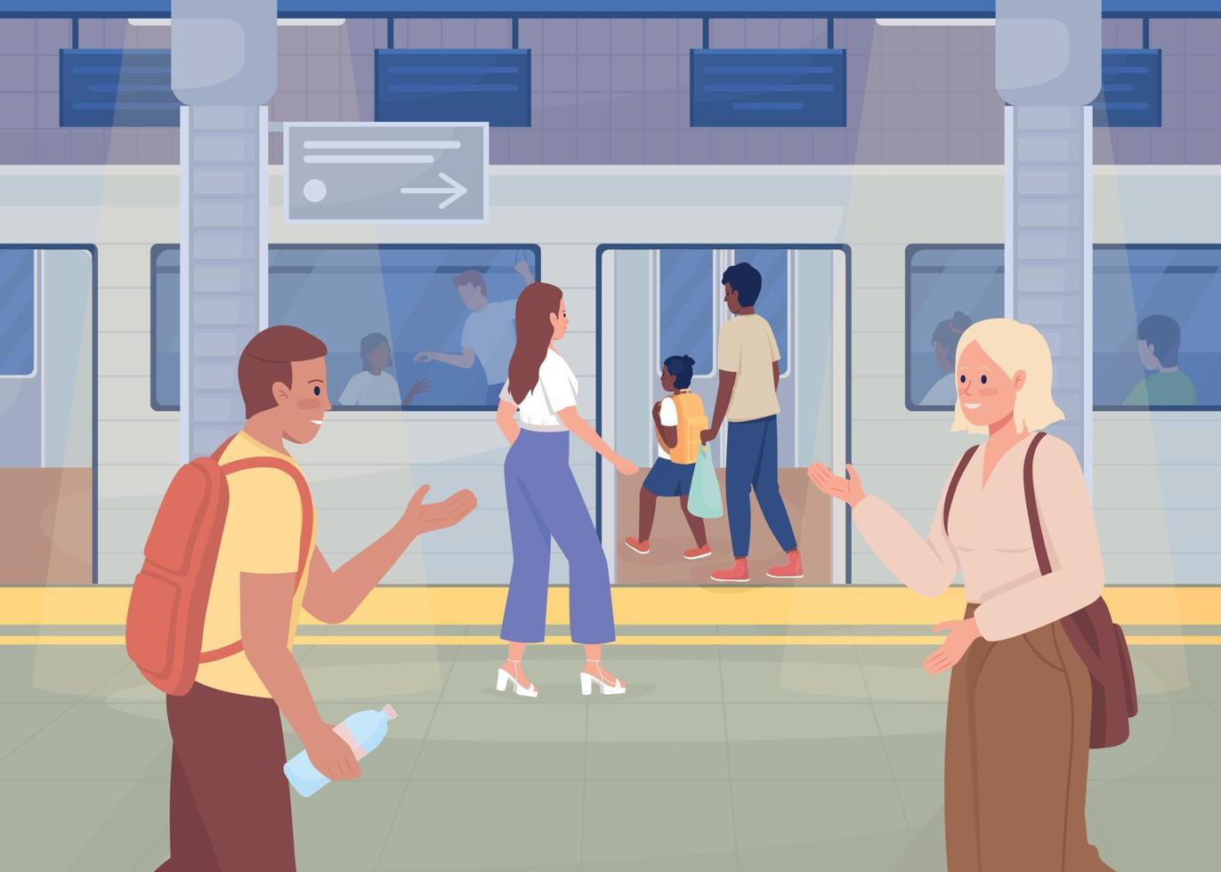 la vida cotidiana en la estación de metro ilustración de vector de color plano