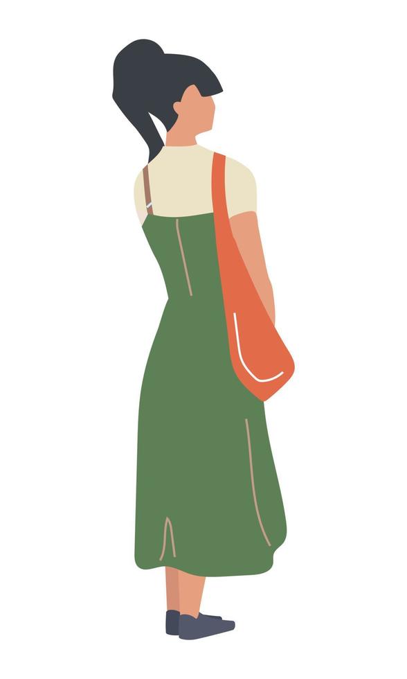 Young woman wearing long green dress semi flat color vector character