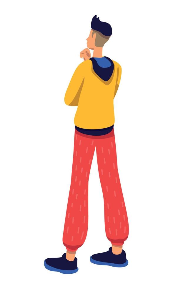 Young stylish man being deep in thoughts semi flat color vector character