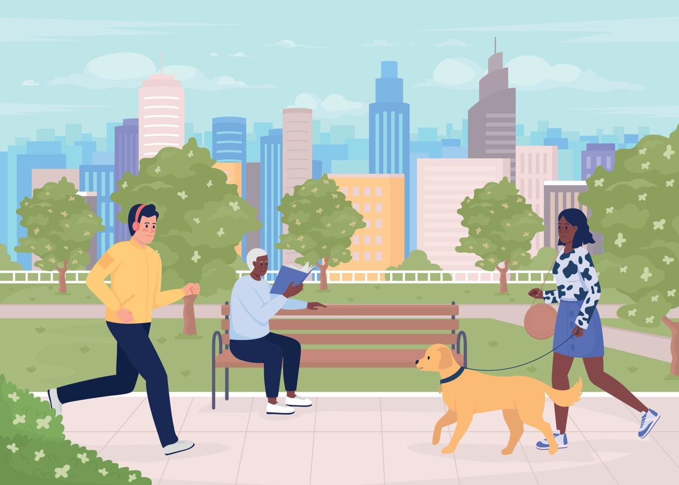 parque de la ciudad con ilustración de vector de color plano de visitantes