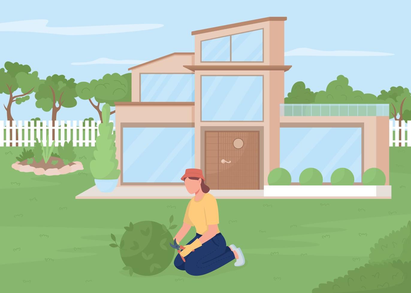 Taking care of plants outdoor flat color vector illustration