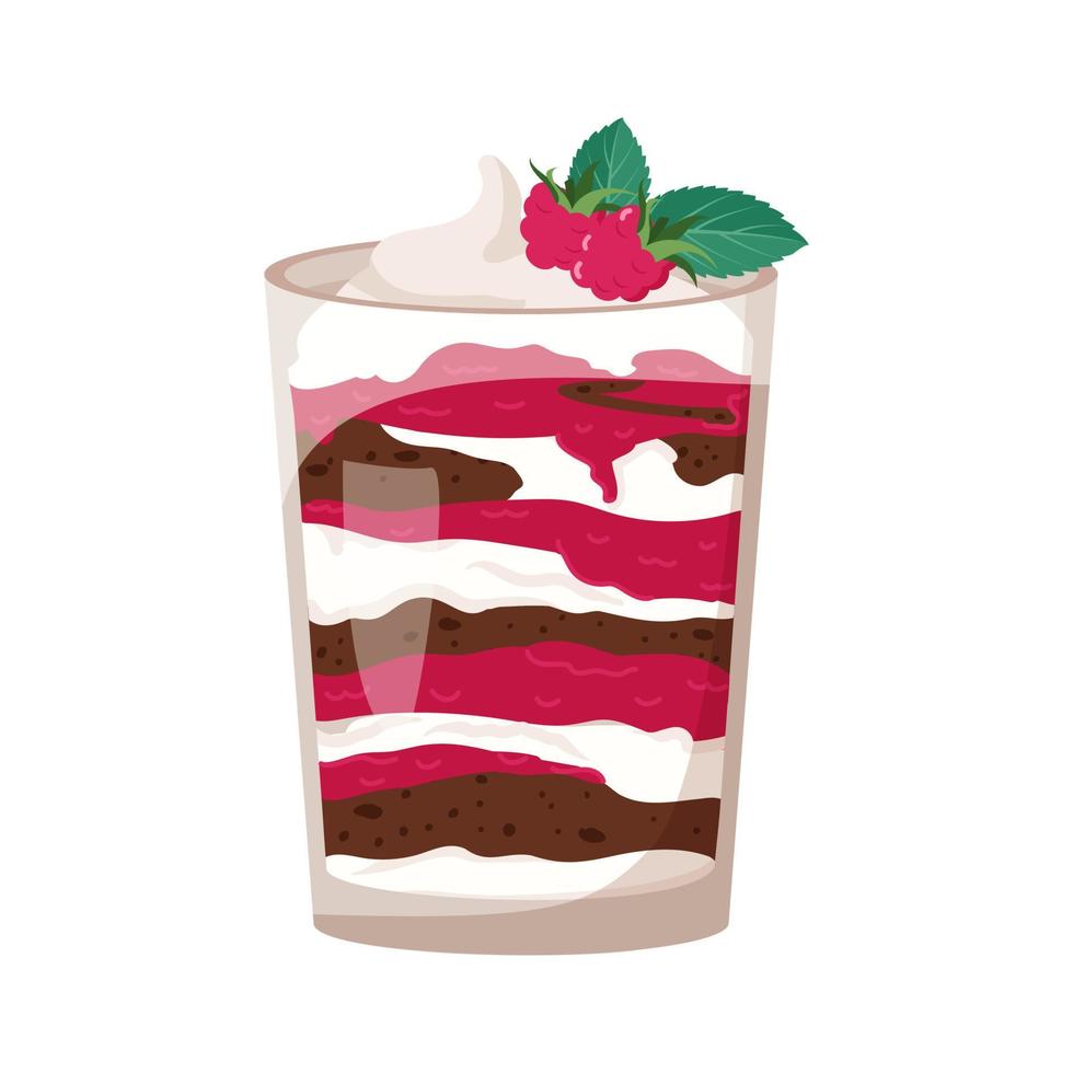 Delicious puff trifle with chocolate biscuit, raspberries, cream and berries. Sweet dessert. Vector flat illustration
