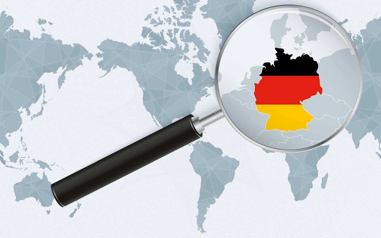 Enlarged map of Germany on America centered World Map. Magnified map and flag of Germany. vector