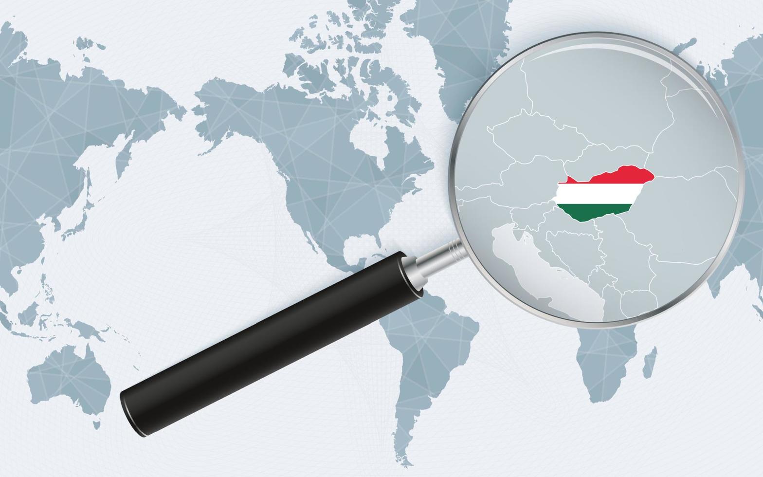 mapa ampliado de hungría en el mapa mundial centrado en américa. mapa ampliado y bandera de hungría. vector