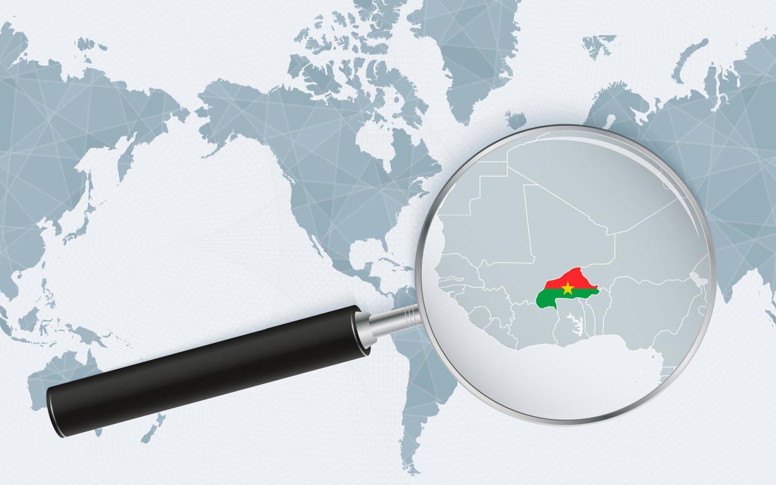 mapa ampliado de burkina faso en el mapa mundial centrado en américa. mapa ampliado y bandera de burkina faso. vector