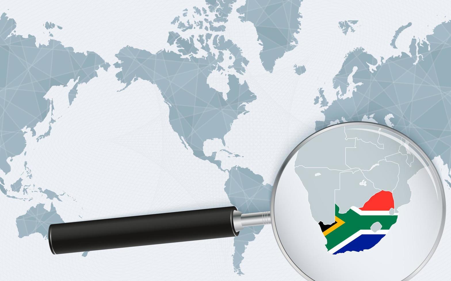 Mapa ampliado de Sudáfrica en el mapa mundial centrado en América. mapa ampliado y bandera de Sudáfrica. vector