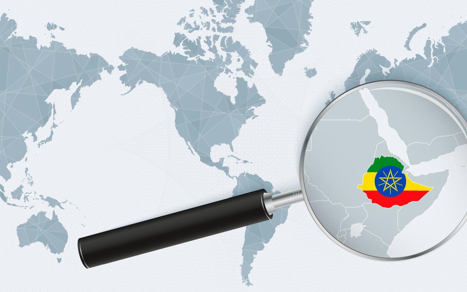 mapa ampliado de etiopía en el mapa mundial centrado en américa. mapa ampliado y bandera de etiopía. vector