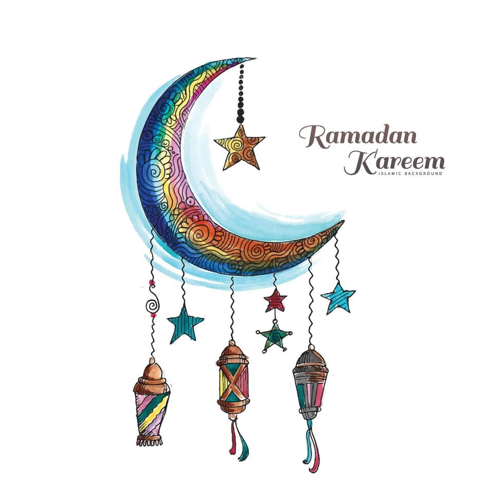 Ramadan kareem islamic moon and lamps colorful card background vector