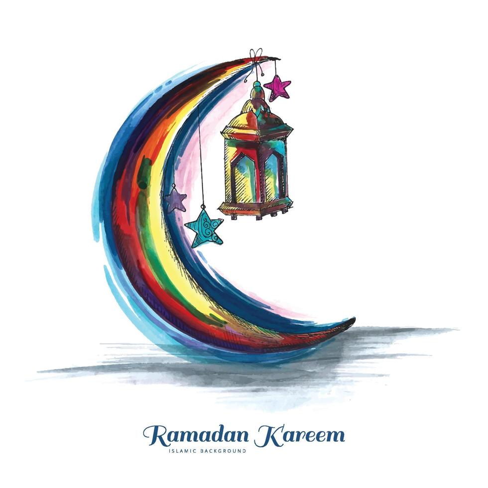 Ramadan kareem islamic watercolor moon greeting card background vector