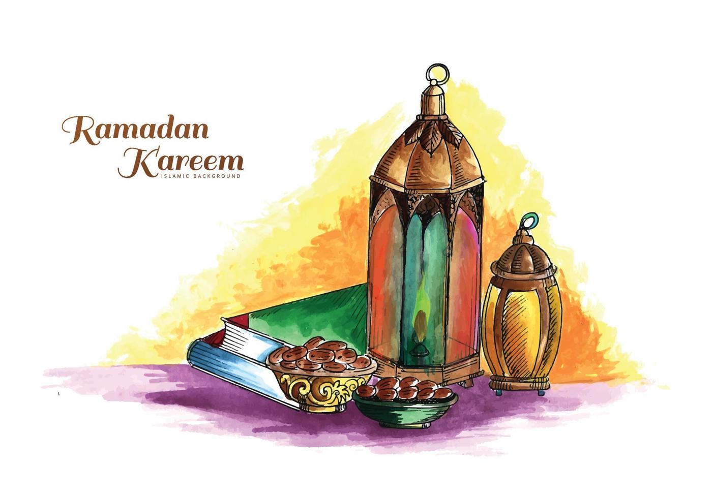 Hand draw arabic lamps ramadan kareem greeting card background vector