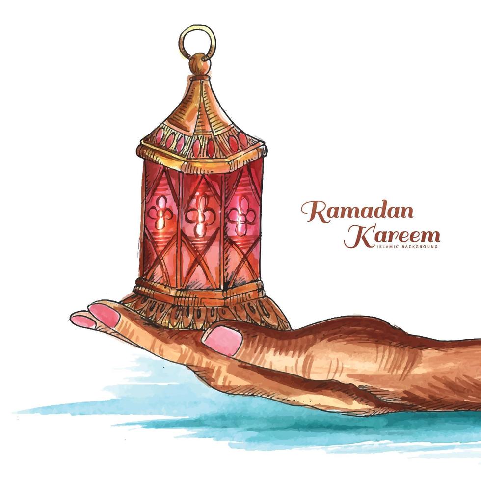 Beautiful hand holding arabic lamp ramadan kareem background vector
