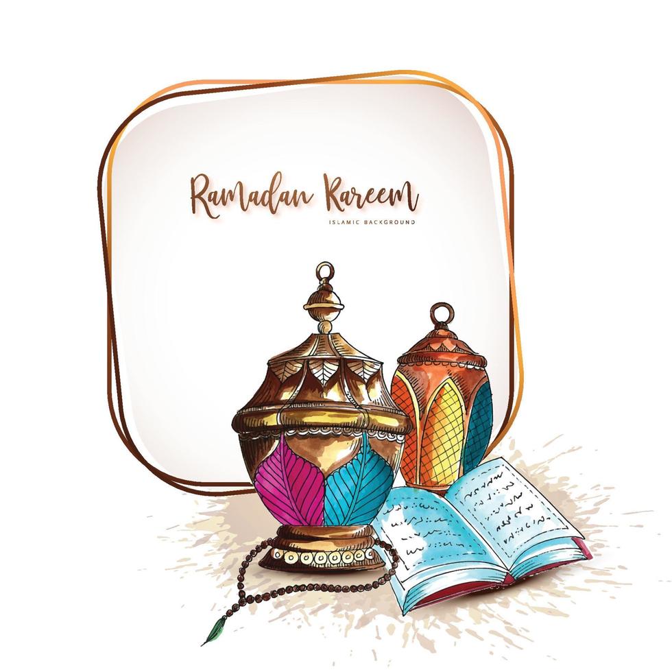 Beautiful decorative Islamic ramadan kareem festival greeting with lamps card background vector