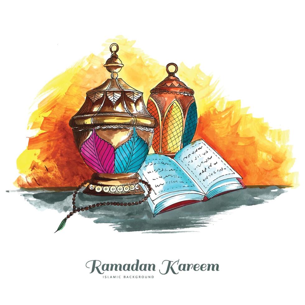 Beautiful decorative Islamic ramadan kareem festival greeting with lamps card background vector