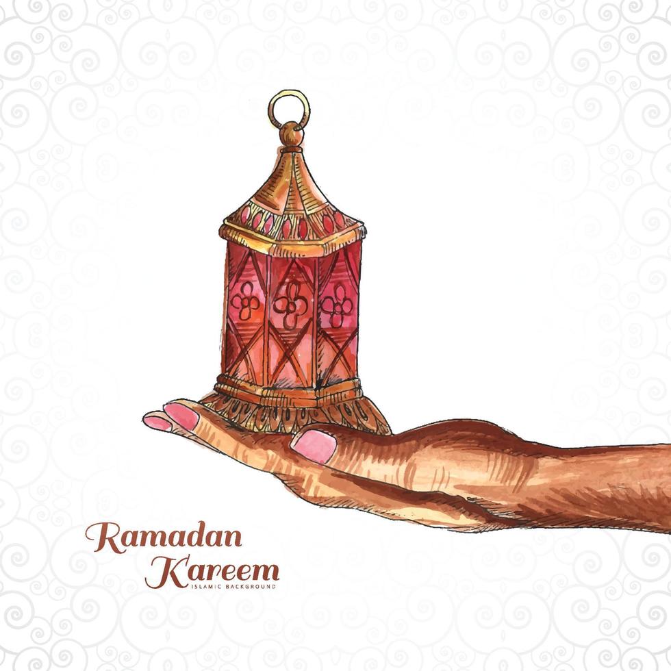 Beautiful hand holding arabic lamp ramadan kareem background vector