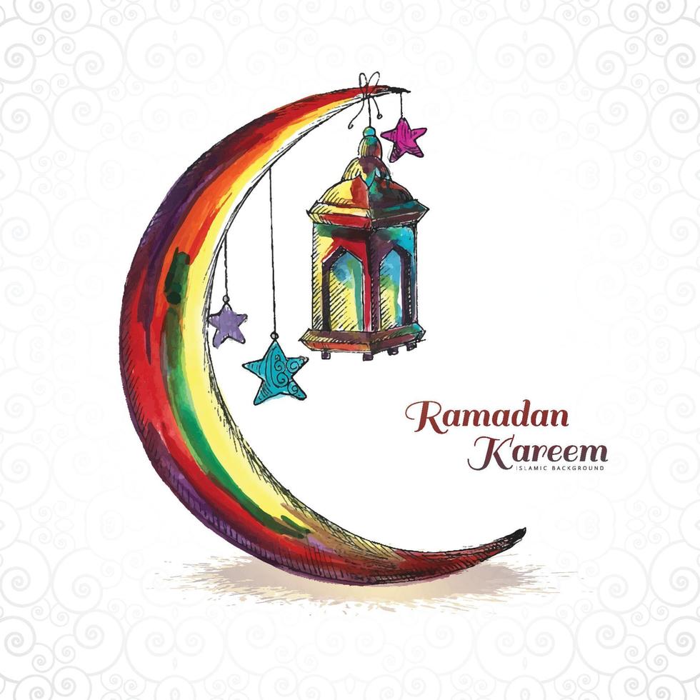 Ramadan kareem islamic watercolor moon greeting card background vector