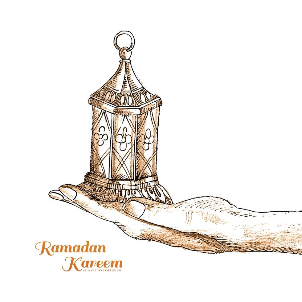 Elegant hand holding arabic lamp sketch ramadan kareem card vector