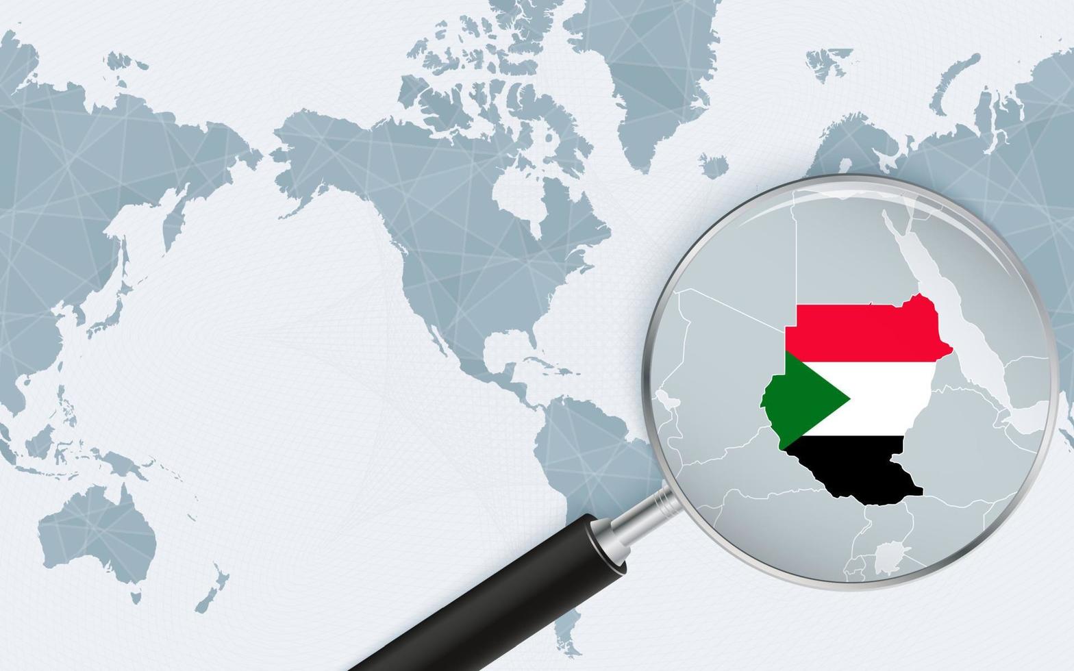 Enlarged map of Sudan on America centered World Map. Magnified map and flag of Sudan. vector