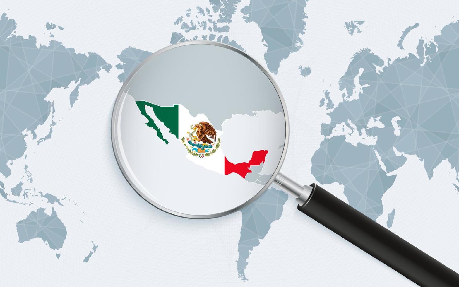 Mapa ampliado de México en el mapa mundial centrado en América. mapa ampliado y bandera de méxico. vector
