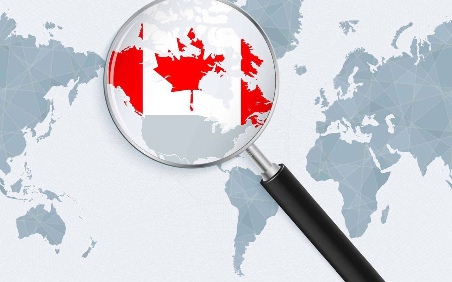 Enlarged map of Canada on America centered World Map. Magnified map and flag of Canada. vector