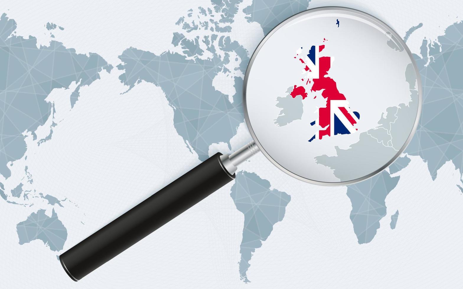Enlarged map of United Kingdom on America centered World Map. Magnified map and flag of United Kingdom. vector