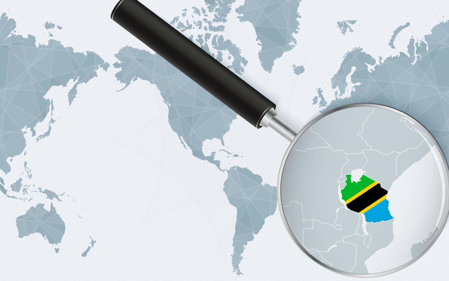 mapa ampliado de tanzania en el mapa mundial centrado en América. mapa ampliado y bandera de tanzania. vector