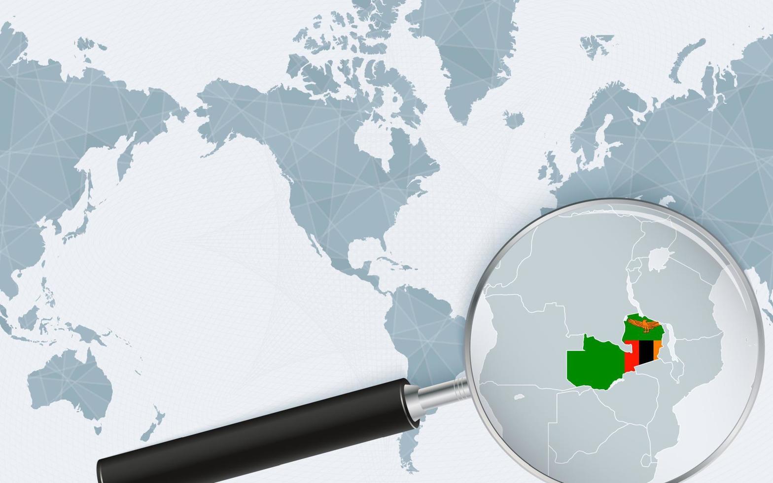 Enlarged map of Zambia on America centered World Map. Magnified map and flag of Zambia. vector