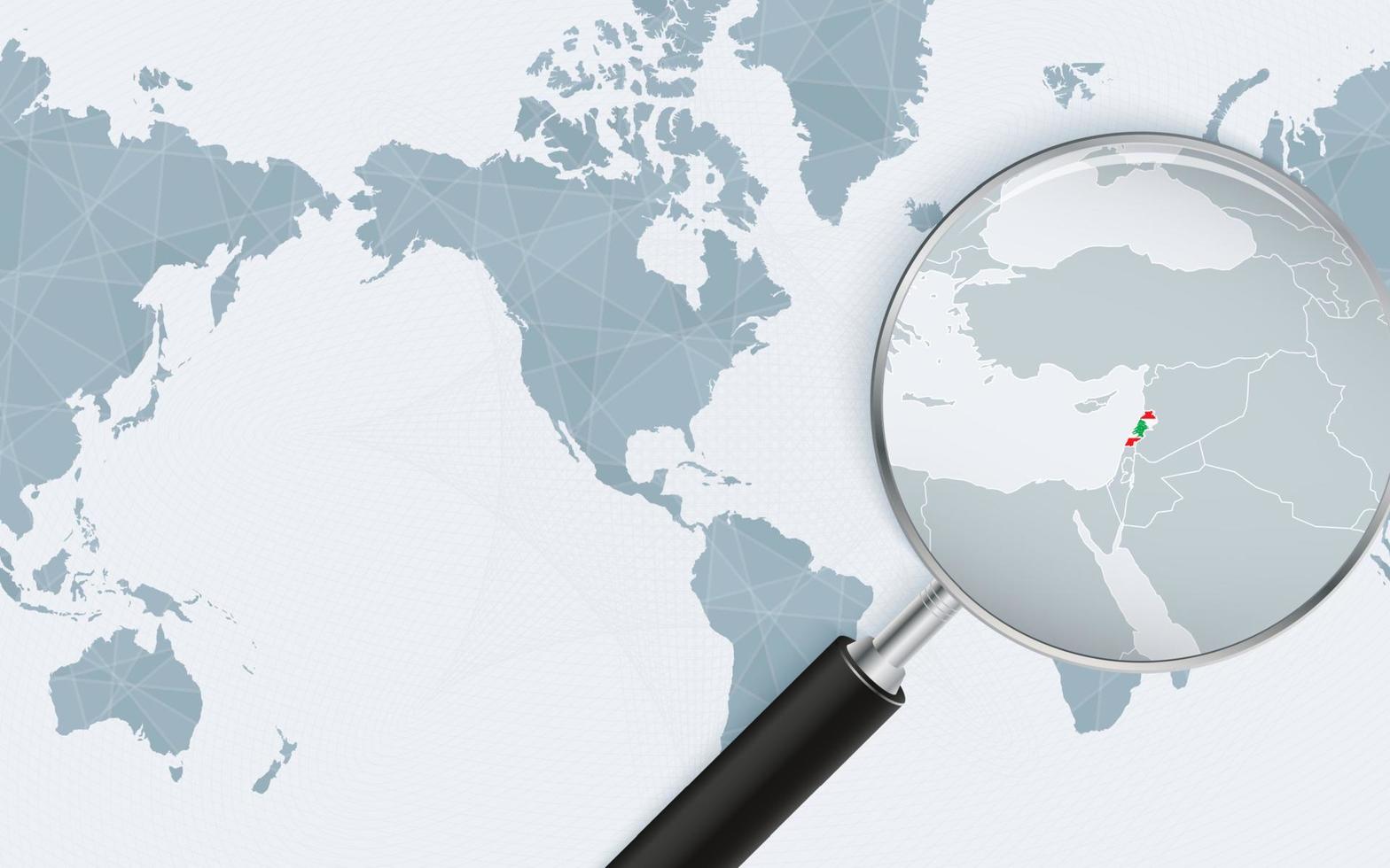 Enlarged map of Lebanon on America centered World Map. Magnified map and flag of Lebanon. vector