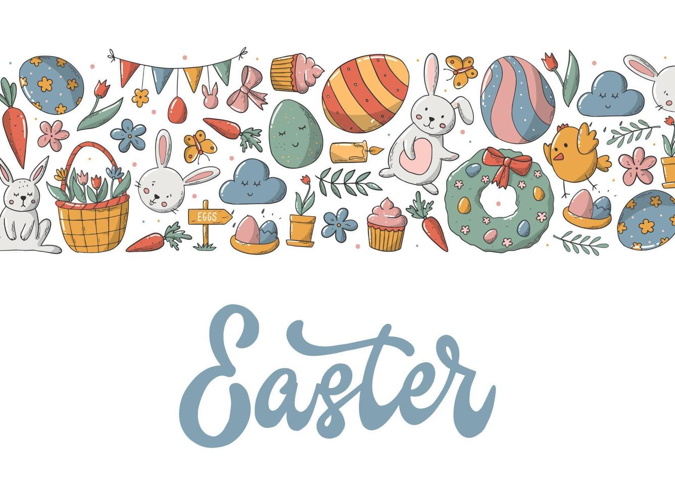 Easter banner, greeting card, poster, invitation, template with lettering quote and horizontal border on white background. EPS 10 vector