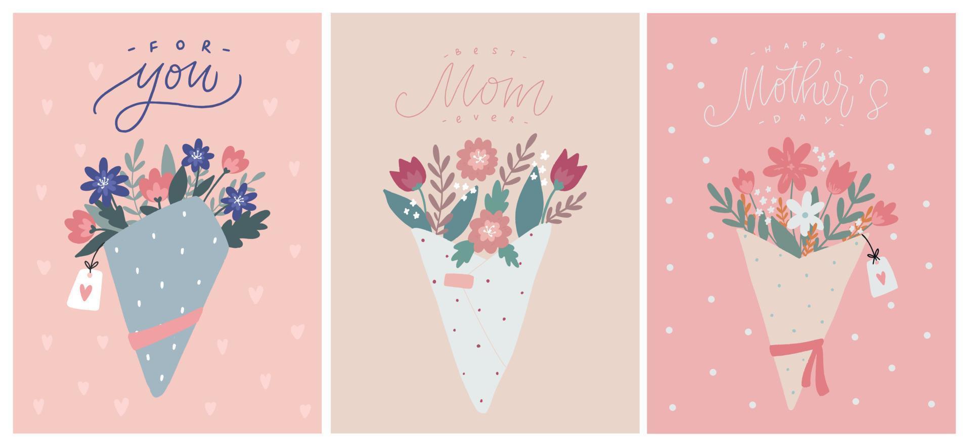 set of Mother's day greeting cards decorated with lettering quotes and bouquets of flowers. Good for posters, prints, invitations, banners, etc. EPS 10 vector