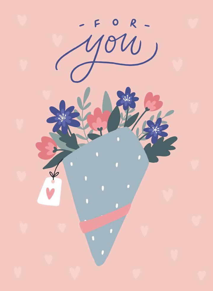 lindo ramo de flores dibujado a mano decorado con cita de letras. bueno para tarjetas de felicitación, afiches, impresiones, día de san valentín, día de la madre y decoración de cumpleaños. eps 10 vector