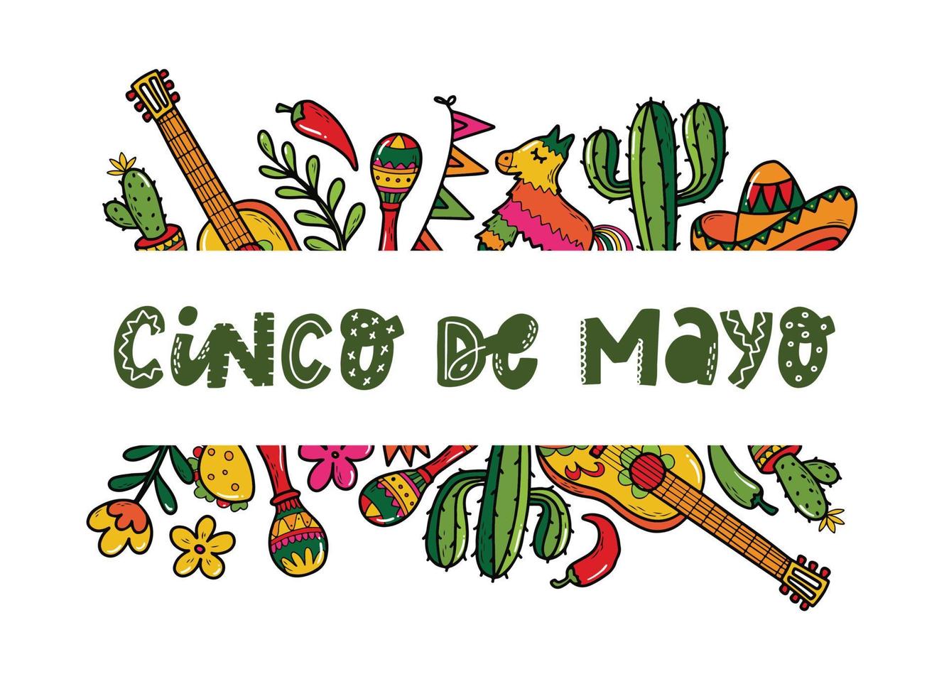 cinco de mayo banner decorated with lettering quote and hand drawn doodles. Greeting card, invitation, poster, print, template. EPS 10 vector