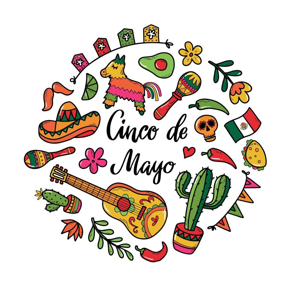 Cinco de Mayo set of doodles isolated on white background for stickers, prints, logos, signs, cards, posters decor. EPS 10 vector