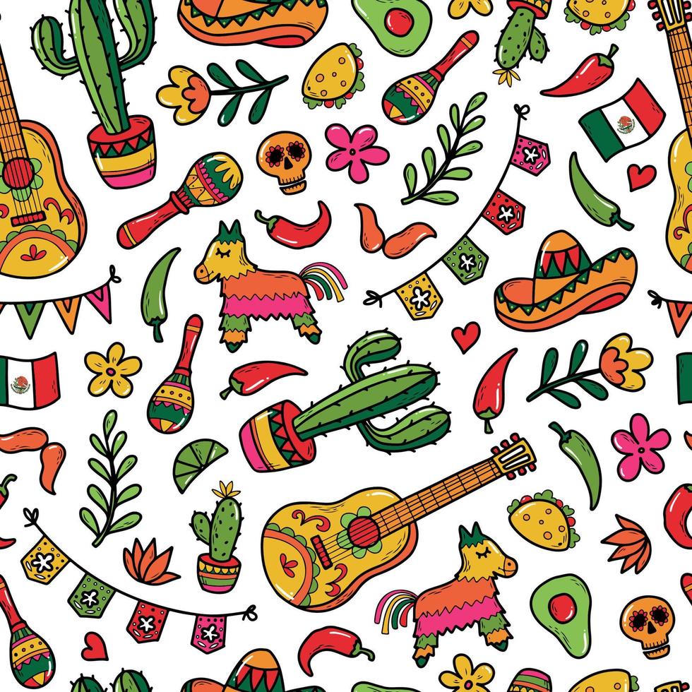 Cinco de Mayo seamless pattern, print with hand drawn doodles on white background. Wrapping paper, wallpaper, packaging, textile prints. EPS 10 vector