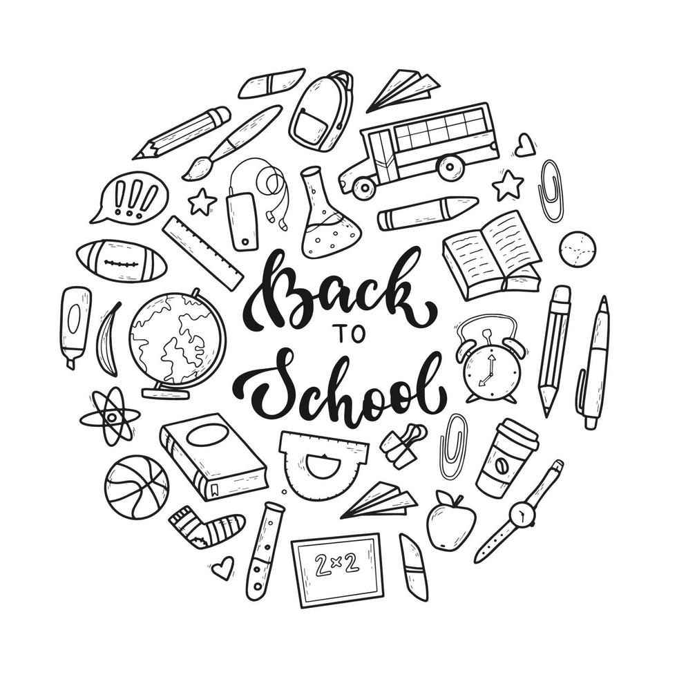 set of hand drawn school doodles and lettering quote 'Back to school' isolated on white background. Good for prints, icons, stickers, logos, clipart, signs, cards, coloring pages, product decor, etc. vector