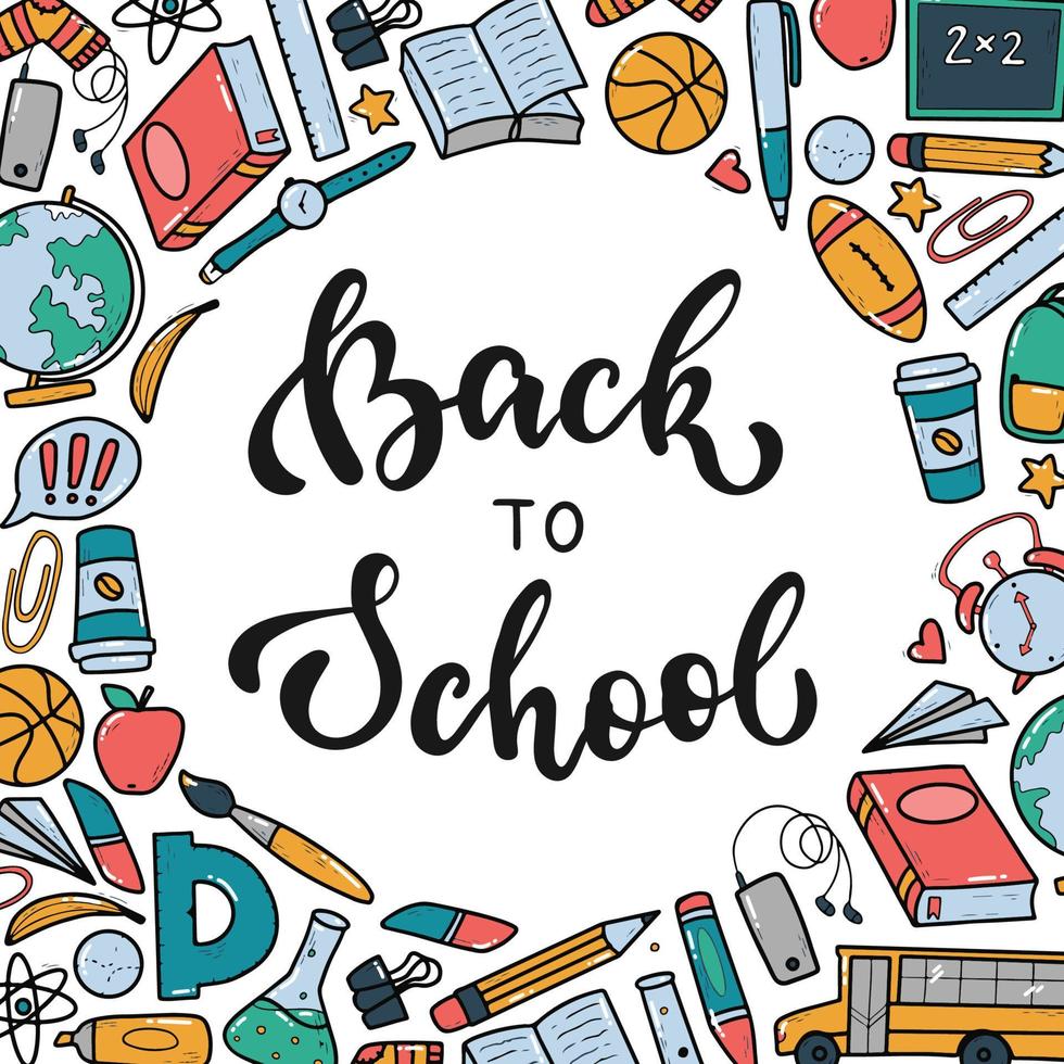 cute hand lettering quote 'Back to school decorated with frame of school supplies doodles. Template with copy space, card, poster, print, banner design. EPS 10 vector