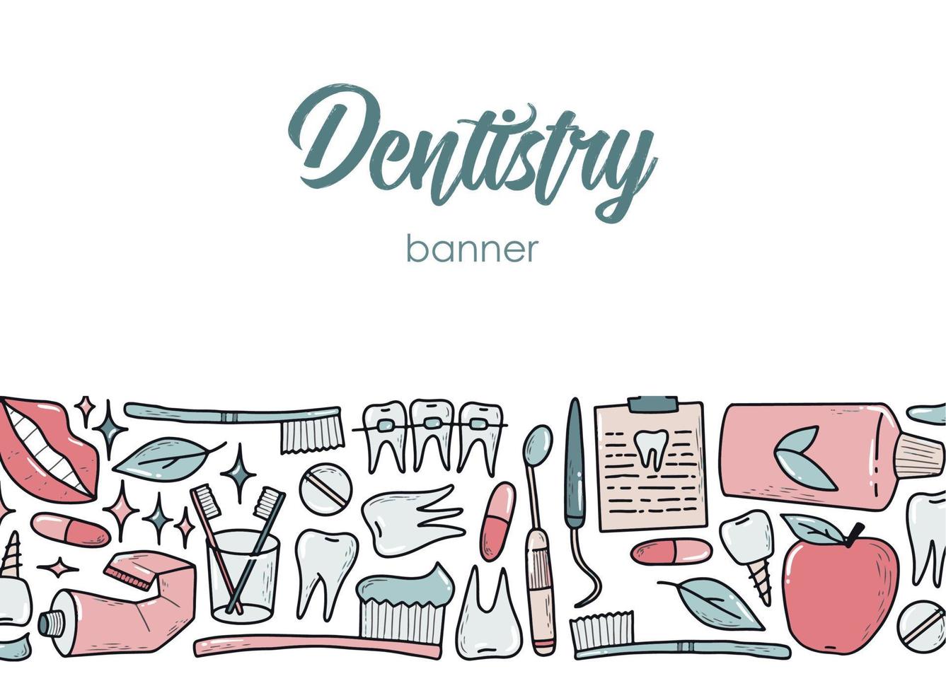 Stomatology banner decorated with horizontal border of hand drawn dentistry doodles with copy space. Good for posters, prints, cards, templates. EPS 10 vector