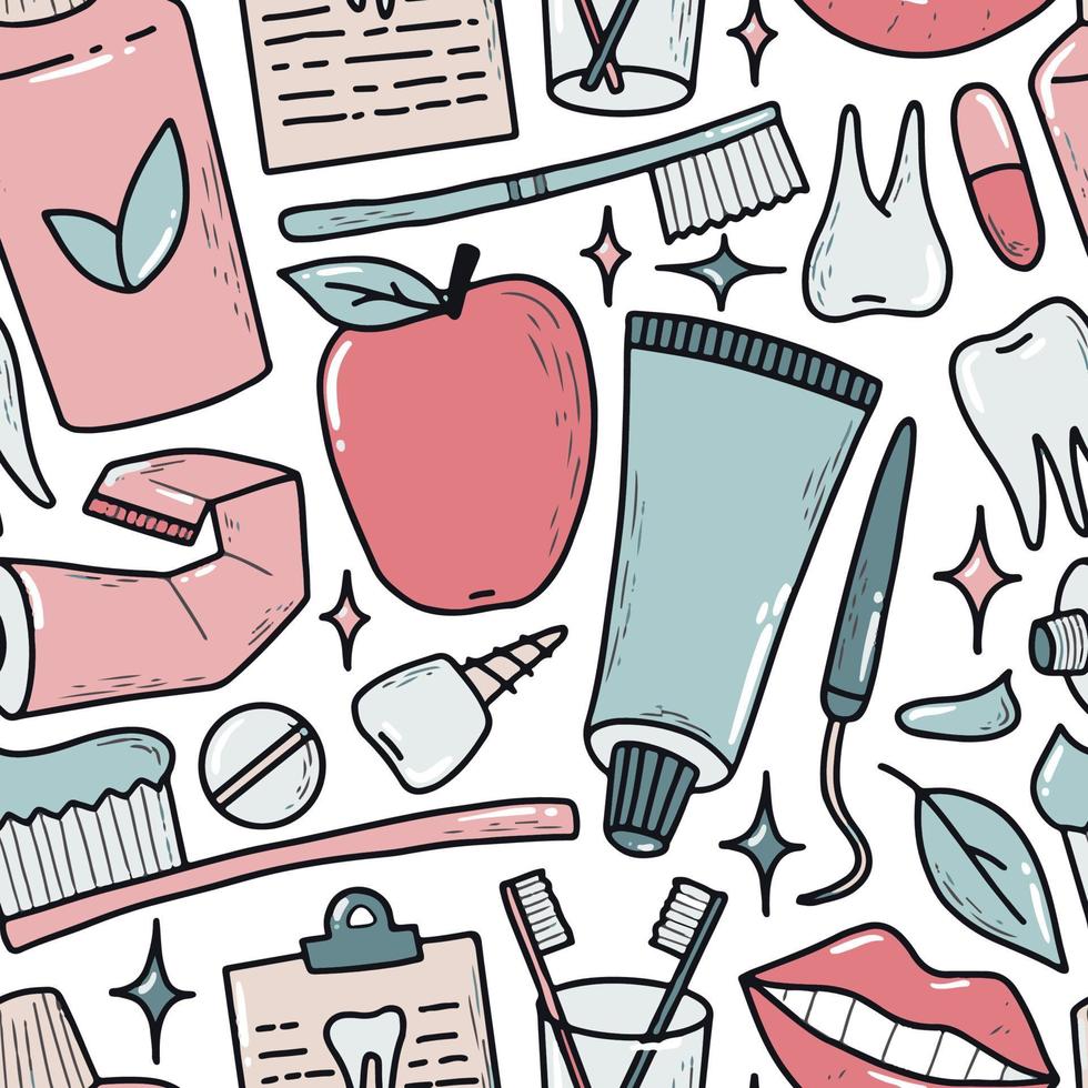 Dentistry seamless pattern with hand drawn doodles for prints, wrapping paper, wallpaper, scrapbooking, textile, etc. Health care, stomatology theme. EPS 10 vector