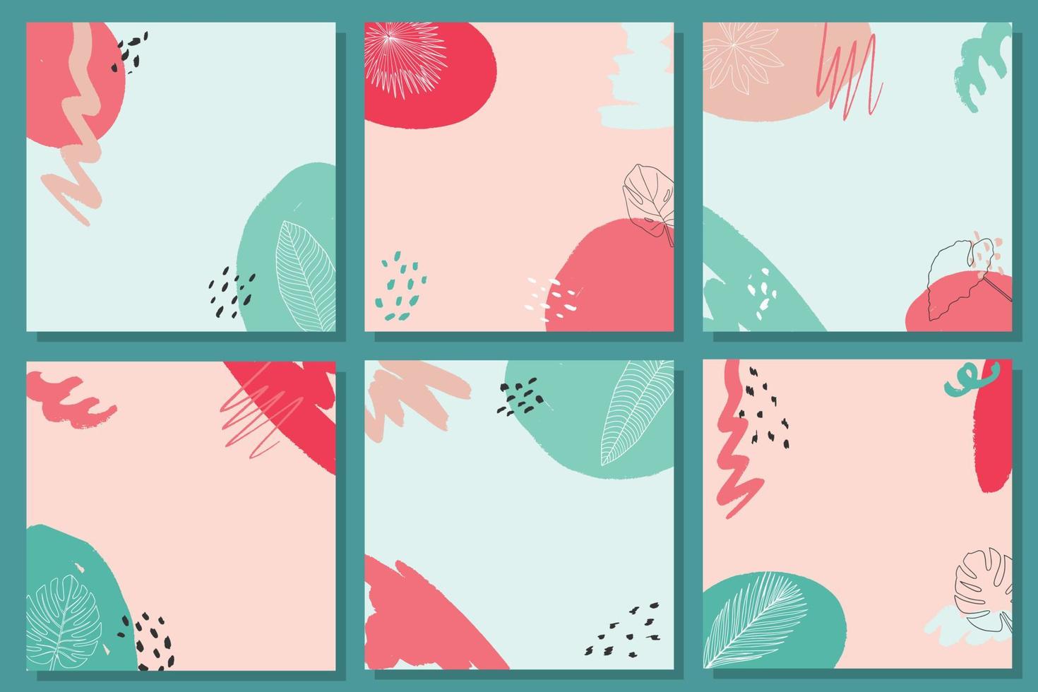 set of abstract backgrounds with brush strokes and tropic leaves for social media templates, prints, cards, posters, invitations, promotions, etc. EPS 10 vector