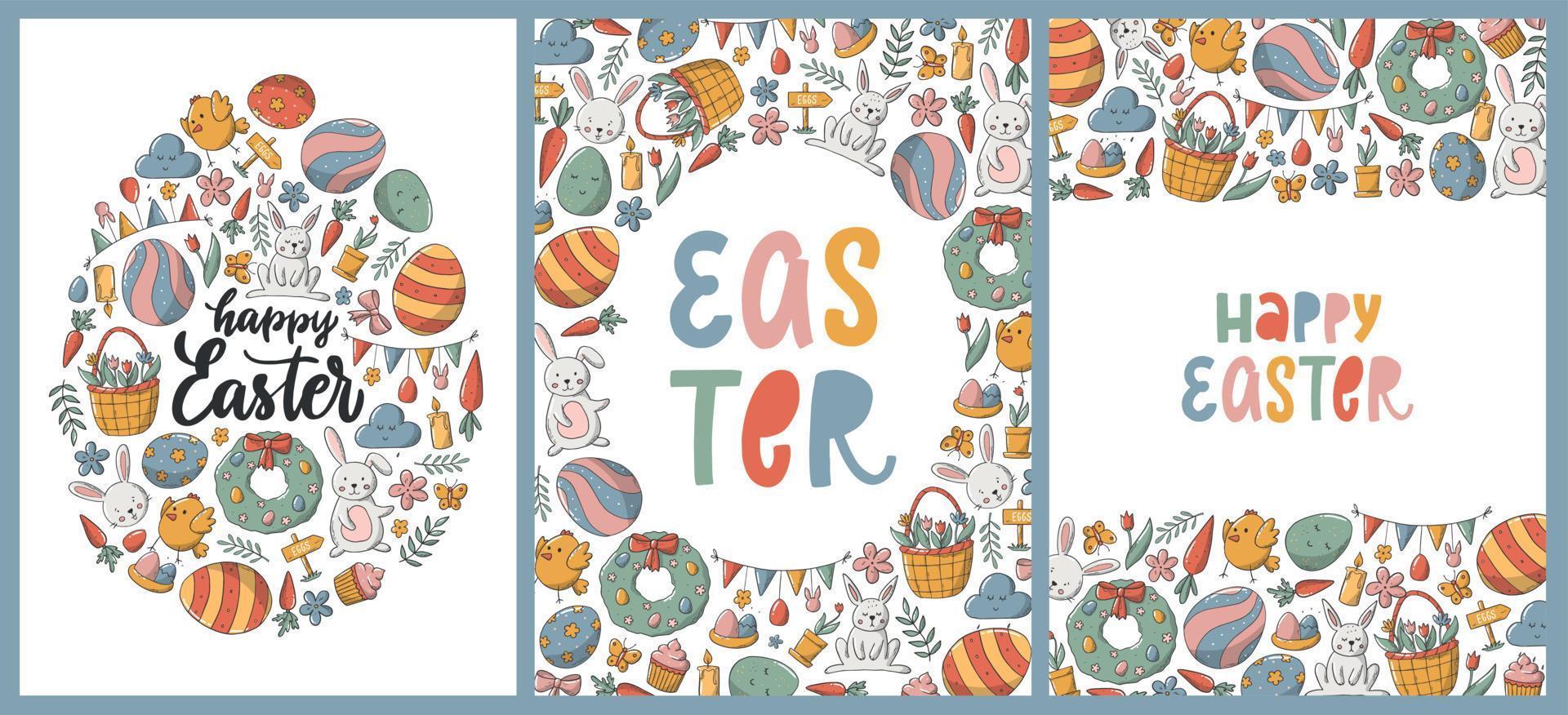 Set of Easter greeting cards, posters, prints, banners, invitations, templates, etc. Hand lettering quotes decorated with doodles, clipart. EPS 10 vector