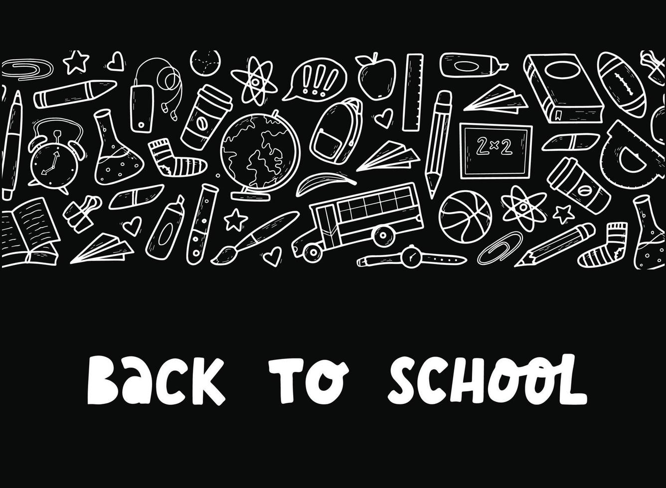 Banner with hand lettering typography quote 'Back to school' decorated with border of school doodles supplies. Print, poster, invitation, card design. EPS 10 vector