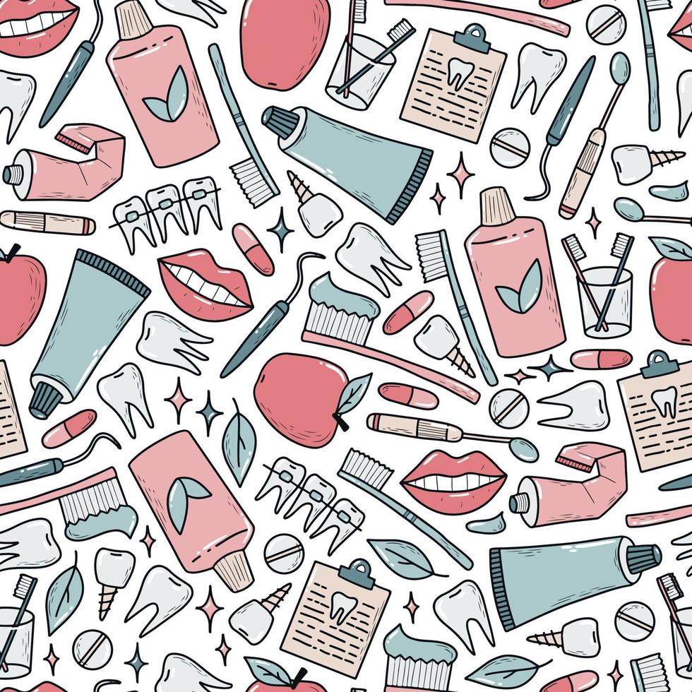 dentistry seamless pattern with hand drawn doodles for prints, wallpaper, backgrounds, textile, scrapbook, packaging, etc. EPS 10 vector