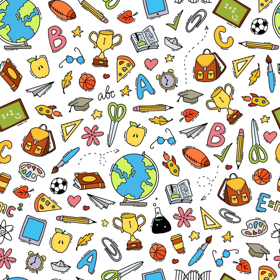 cute school seamless pattern created from hand drawn doodles on white background. Wrapping paper, textile and fabric prints, wallpaper, stationery, scrapbook, etc. EPS 10 vector