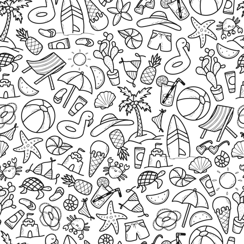 seamless pattern created from hand drawn summer doodles on white background. Wallpaper, scrapbook, wrapping paper, textile print design, ets. EPS 10 vector