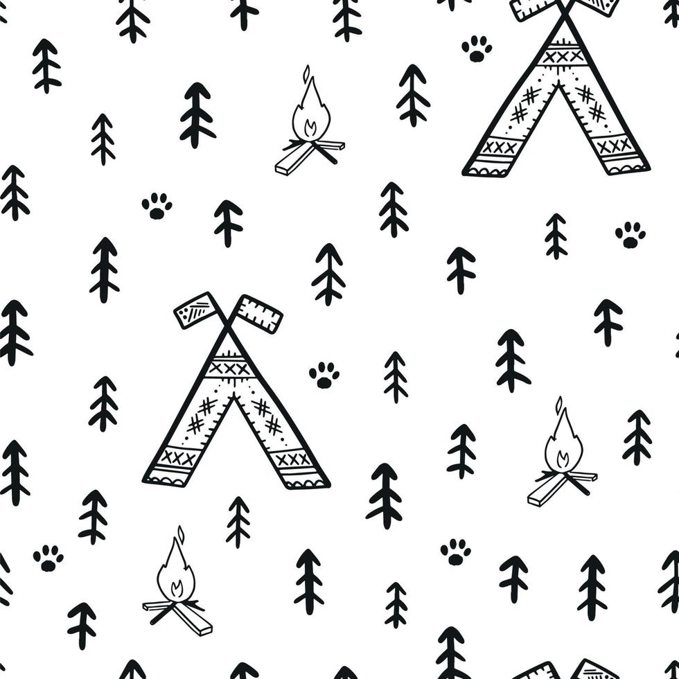 cute tribal seamless pattern with abstract trees, tepee and campfire. Good for nursery wallpaper, textile prints, scrapbooking, stationary, wrapping paper, etc. EPS 10 vector