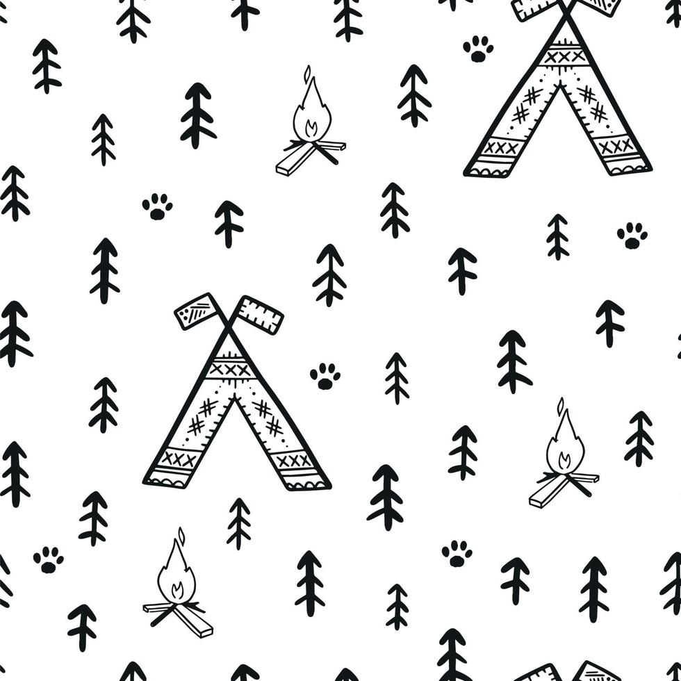 lindo patrón tribal sin costuras con árboles abstractos, tipi y fogata. bueno para papel tapiz de vivero, estampados textiles, álbumes de recortes, papelería, papel de regalo, etc. eps 10 vector